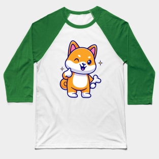 Cute Shiba Inu Holding Bone With Thumb Up Cartoon Baseball T-Shirt